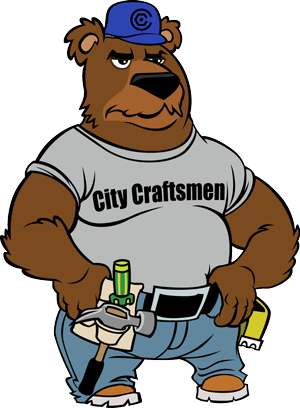 A cartoon bear wearing a shirt that says city craftsmen