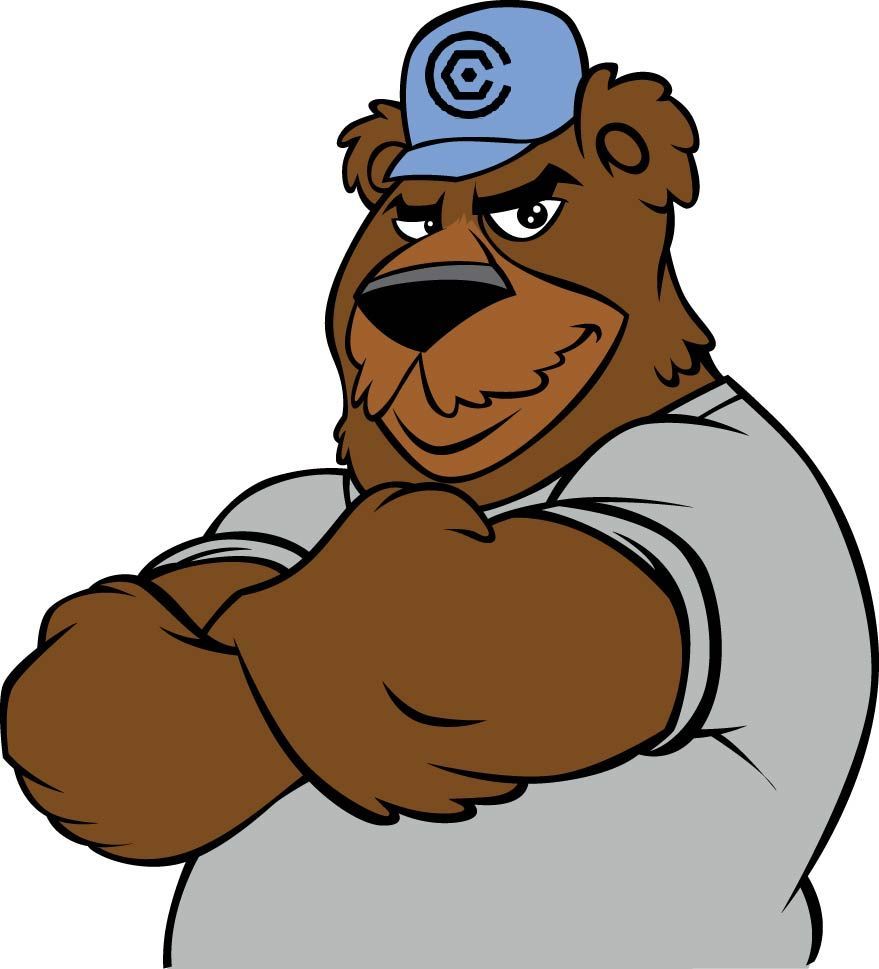 A cartoon bear wearing a blue hat and a white shirt