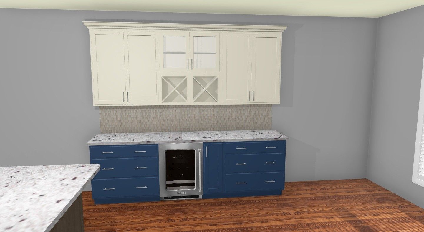Kitchen remodel: blue cabinets with a built-in oven, light cabinets above, and a countertop with a white island.