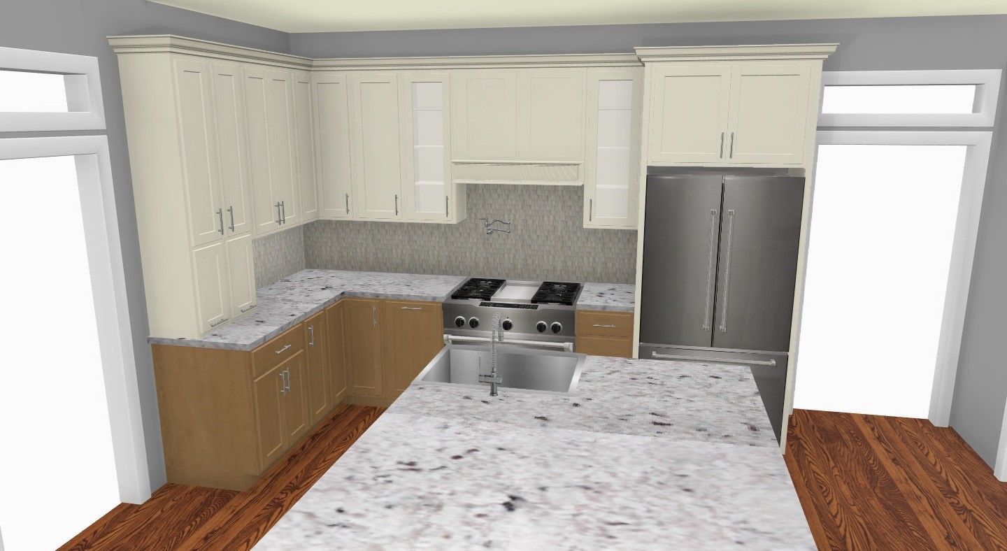Kitchen rendering: light wood cabinets, stone countertops, stainless steel appliances, and a small island.