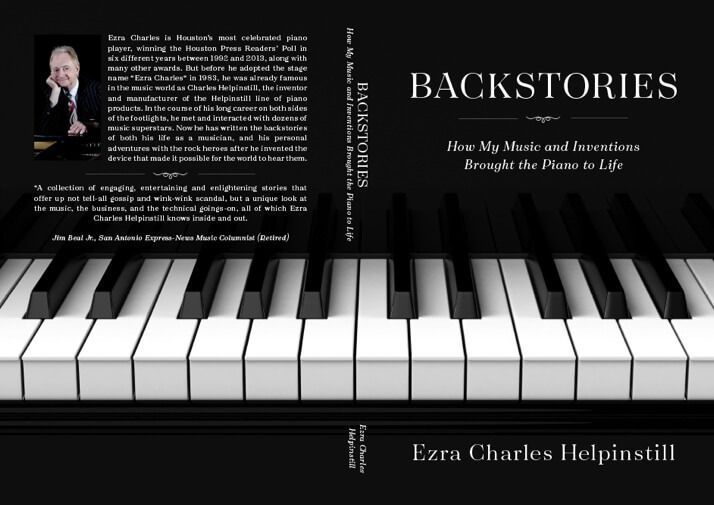 Book cover titled “BACKSTORIES” over piano keys, with a small portrait and author name Ezra Charles Helphinstine.