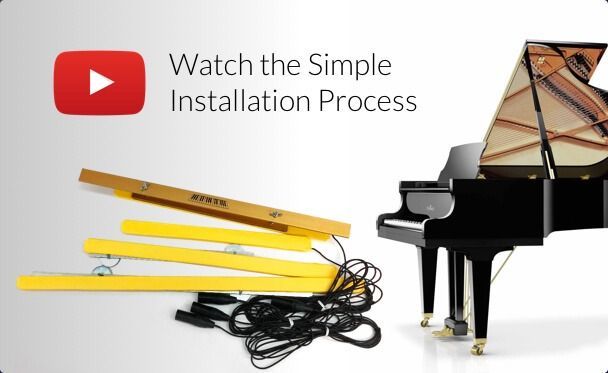 Yellow piano hinge kit beside a grand piano with the text “Watch the Simple Installation Process”