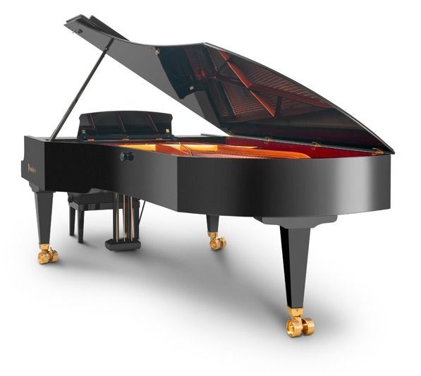 Black grand piano with open lid on gold casters, isolated on white background