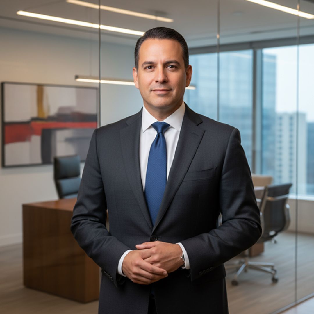 Man in a suit, arms crossed, standing in an office with a cityscape view.