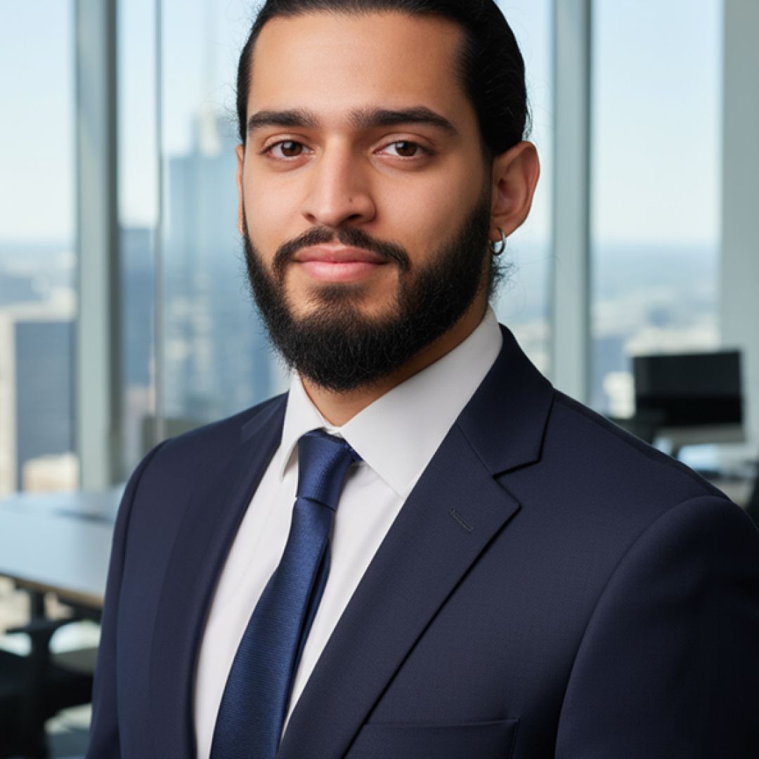 Man in a suit and tie, looking at the camera, with a beard, set in an office with a city view.