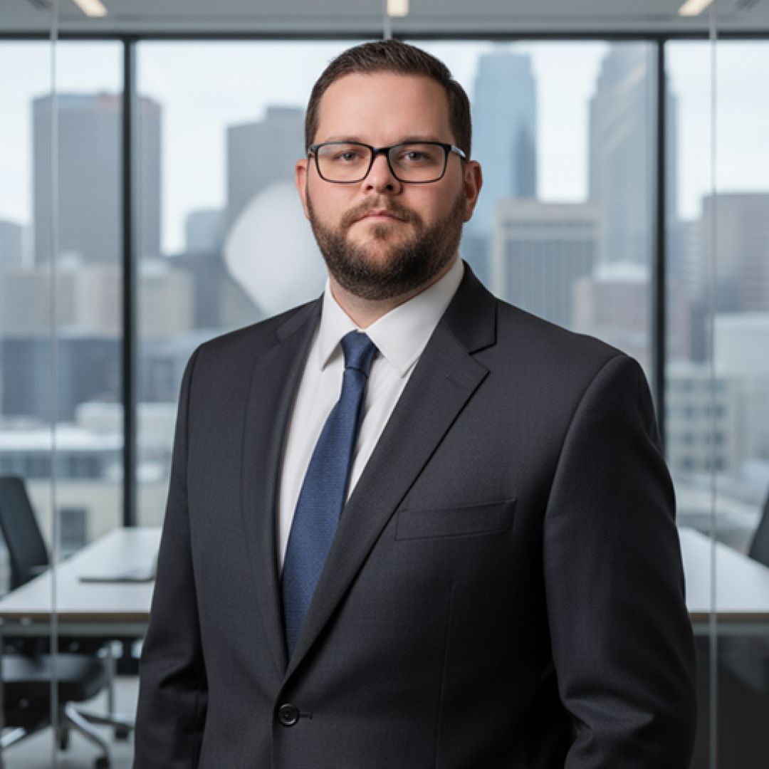 Man in suit and tie, glasses, serious expression, in office, city background.