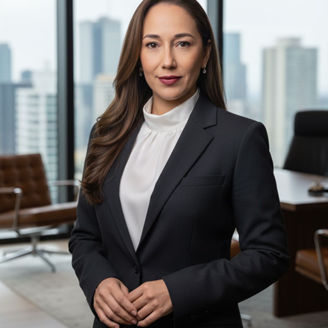 Woman in dark suit and white blouse, in an office with city skyline view.