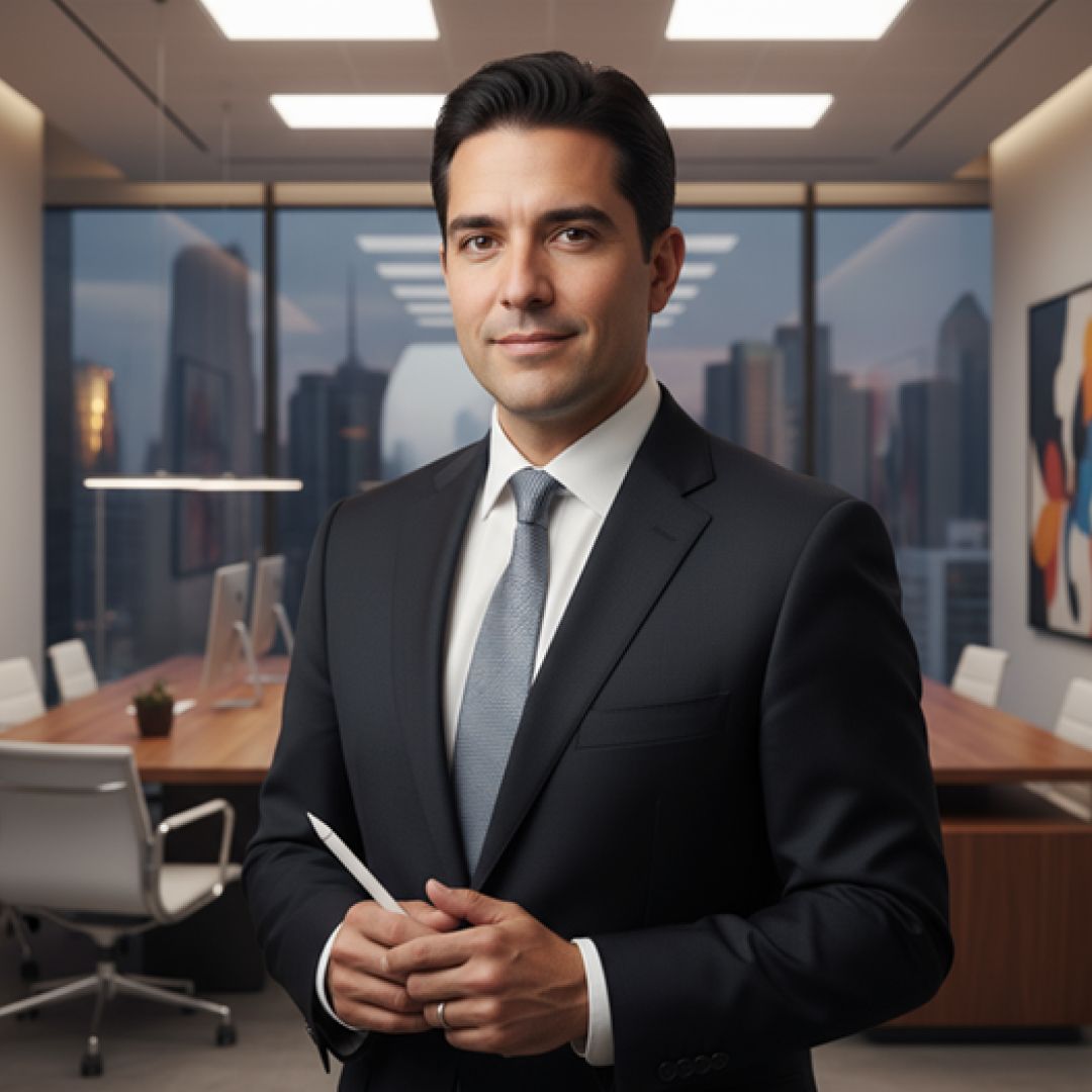 Man in suit holding a pen, standing in an office with a conference table and city skyline view.