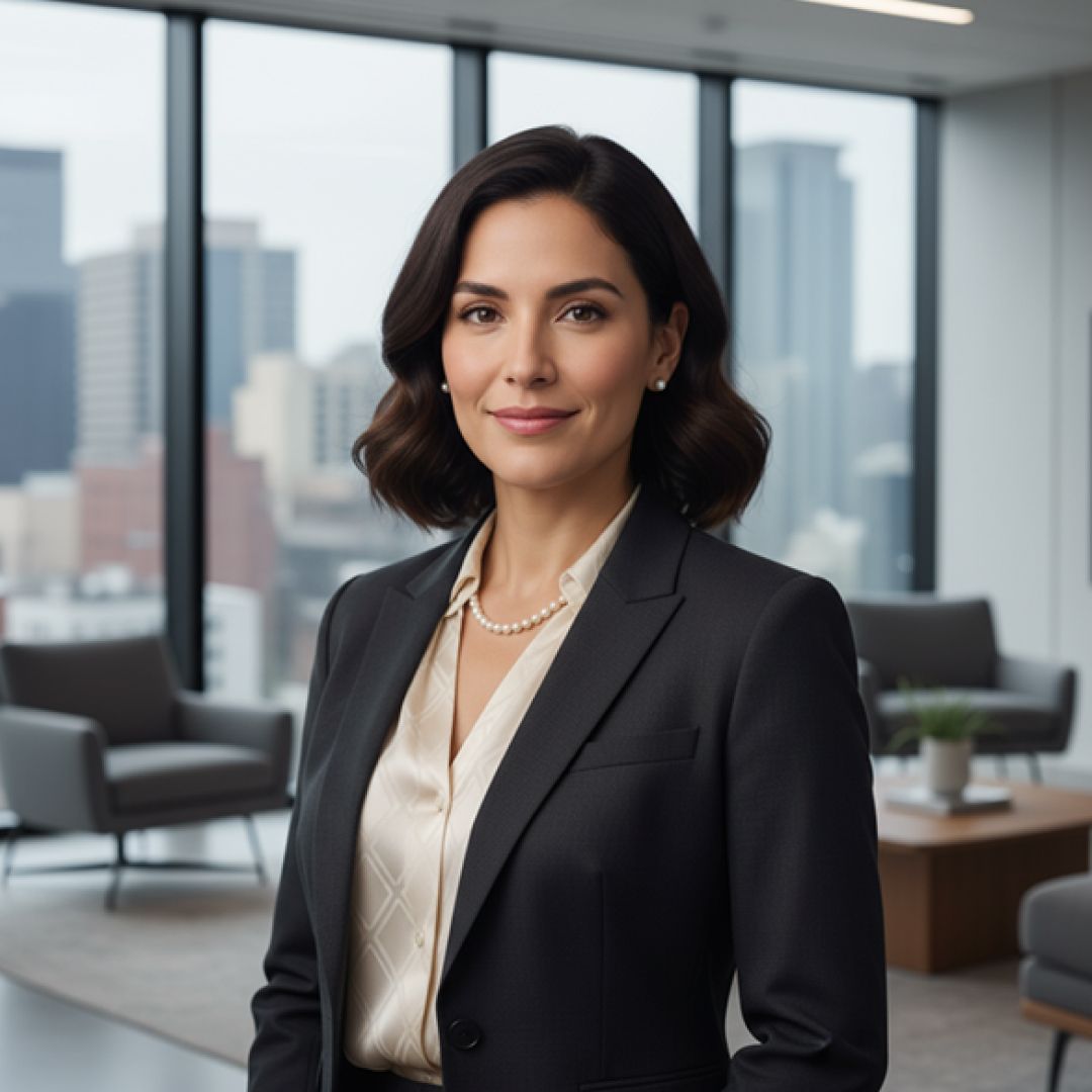 Woman in a black suit smiles in an office with city views, wearing a pearl necklace.