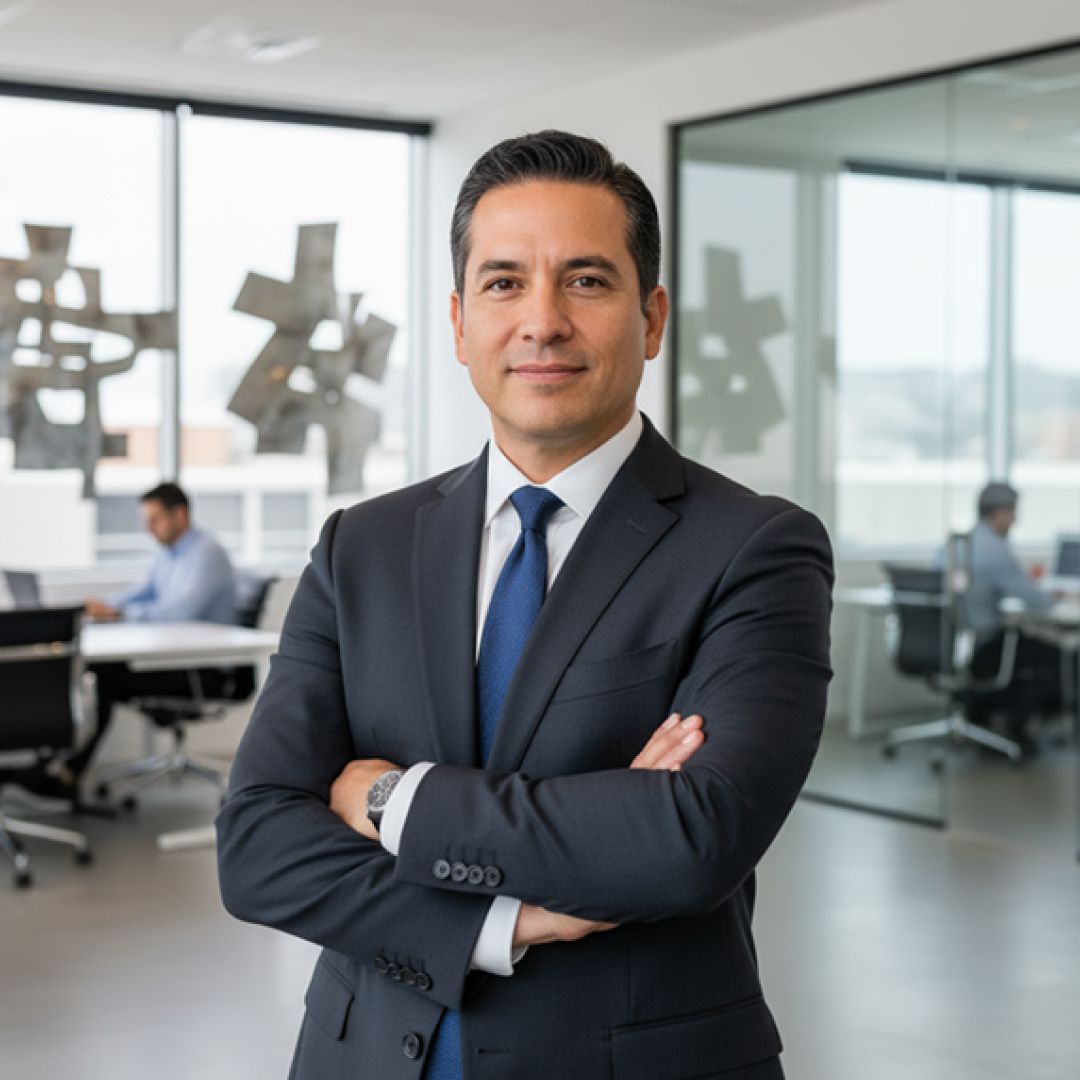 Man in suit with crossed arms, office setting, looking at the camera.
