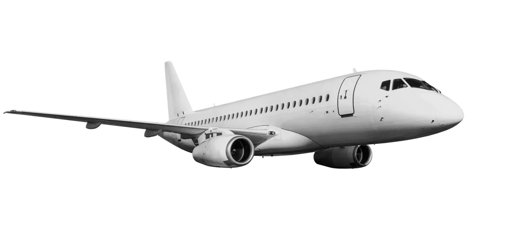 A grayscale airplane in flight against a white background.