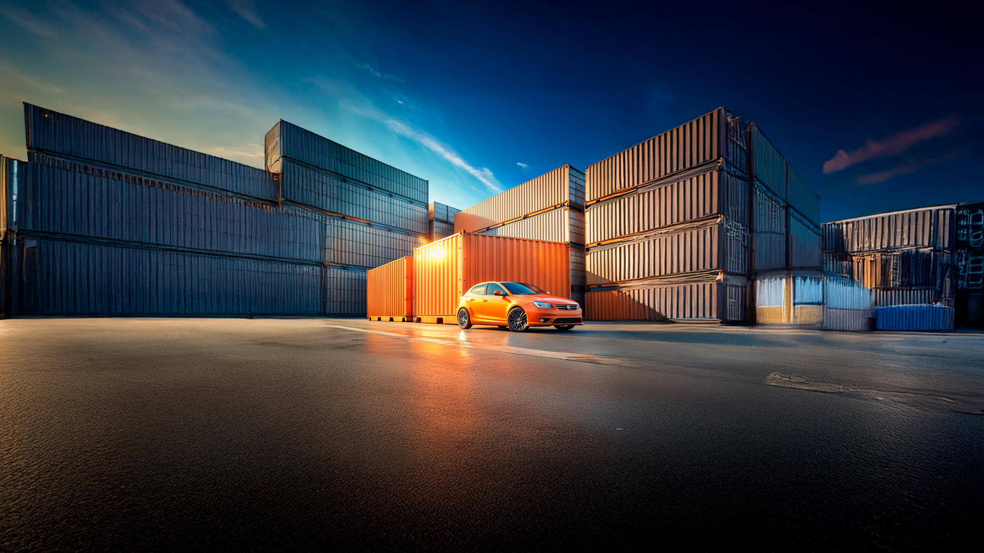 Orange car parked in a shipping container yard at dusk, surrounded by stacked containers.