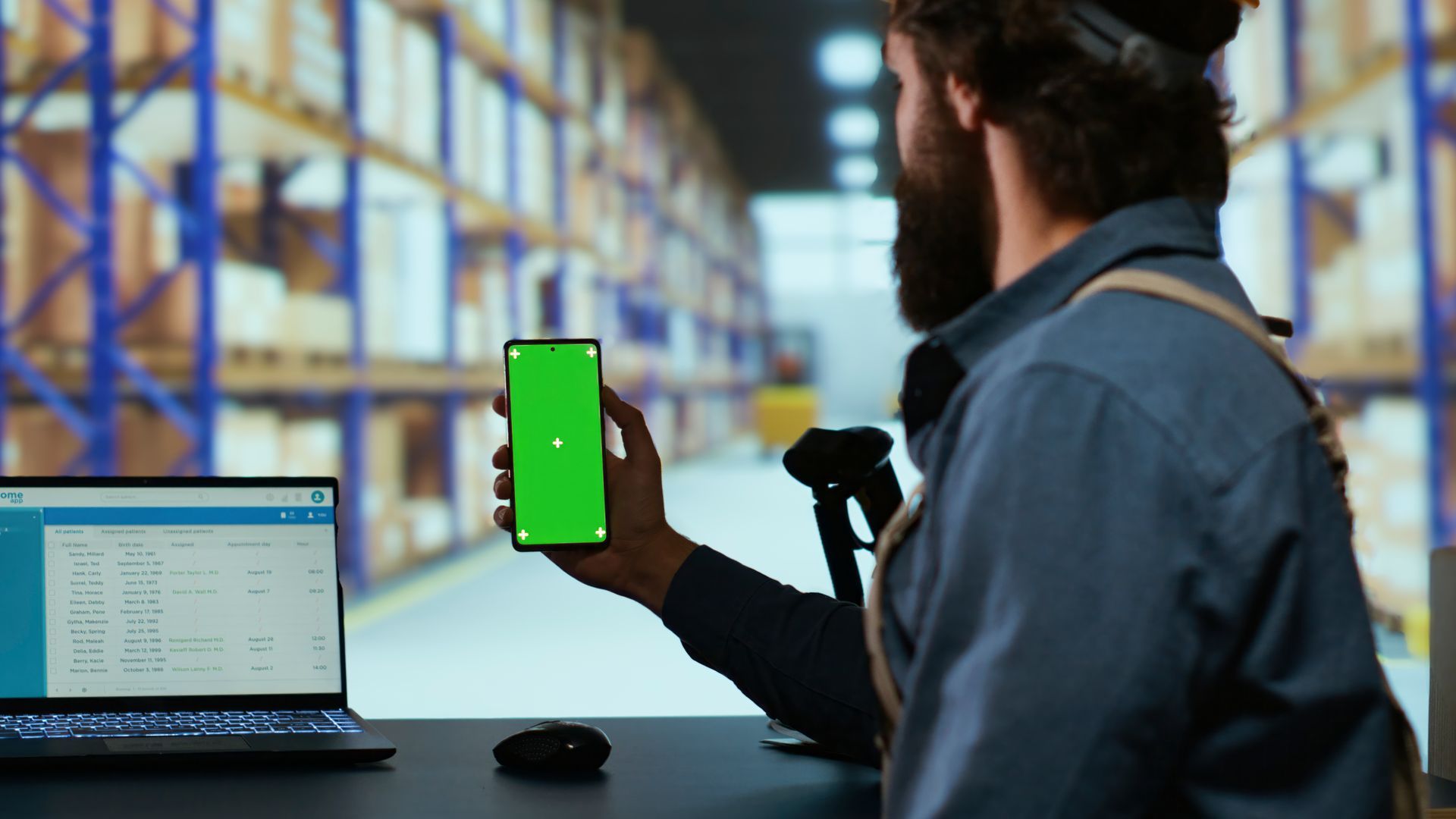 Man in warehouse holds phone with green screen, looking at laptop. Shelves filled with boxes in background.