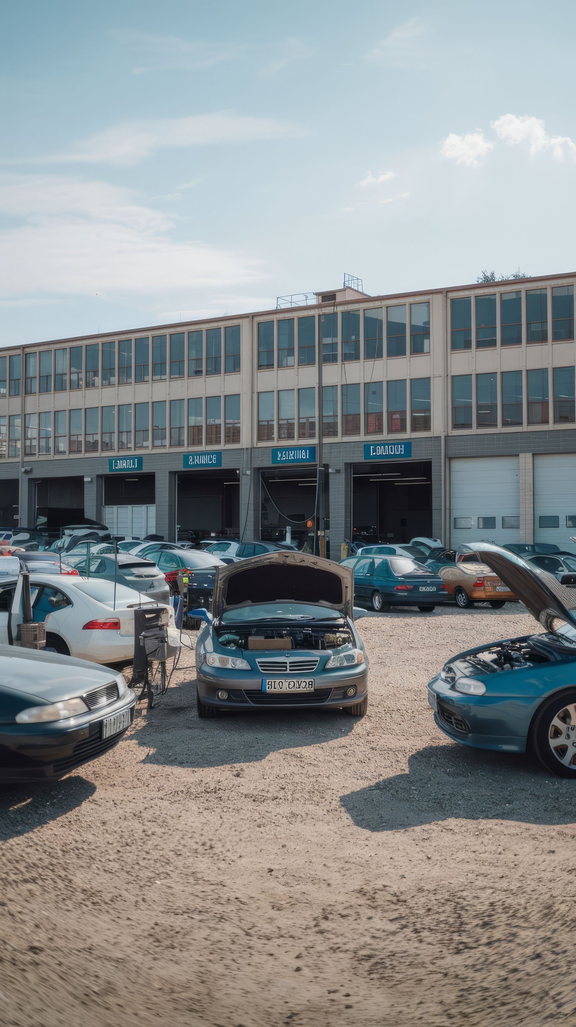 Cars parked with hoods up in front of a multi-bay industrial building under a sunny sky.