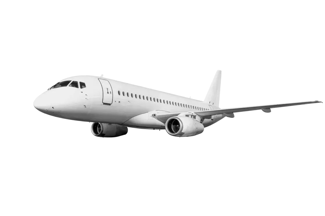 Black and white airplane in flight, side view.