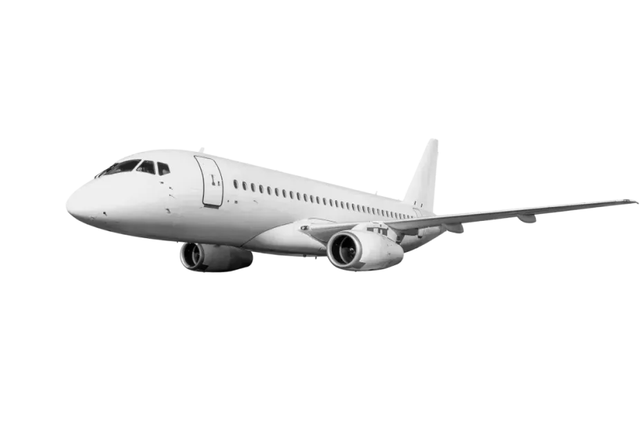 Black and white airplane in flight, side view.