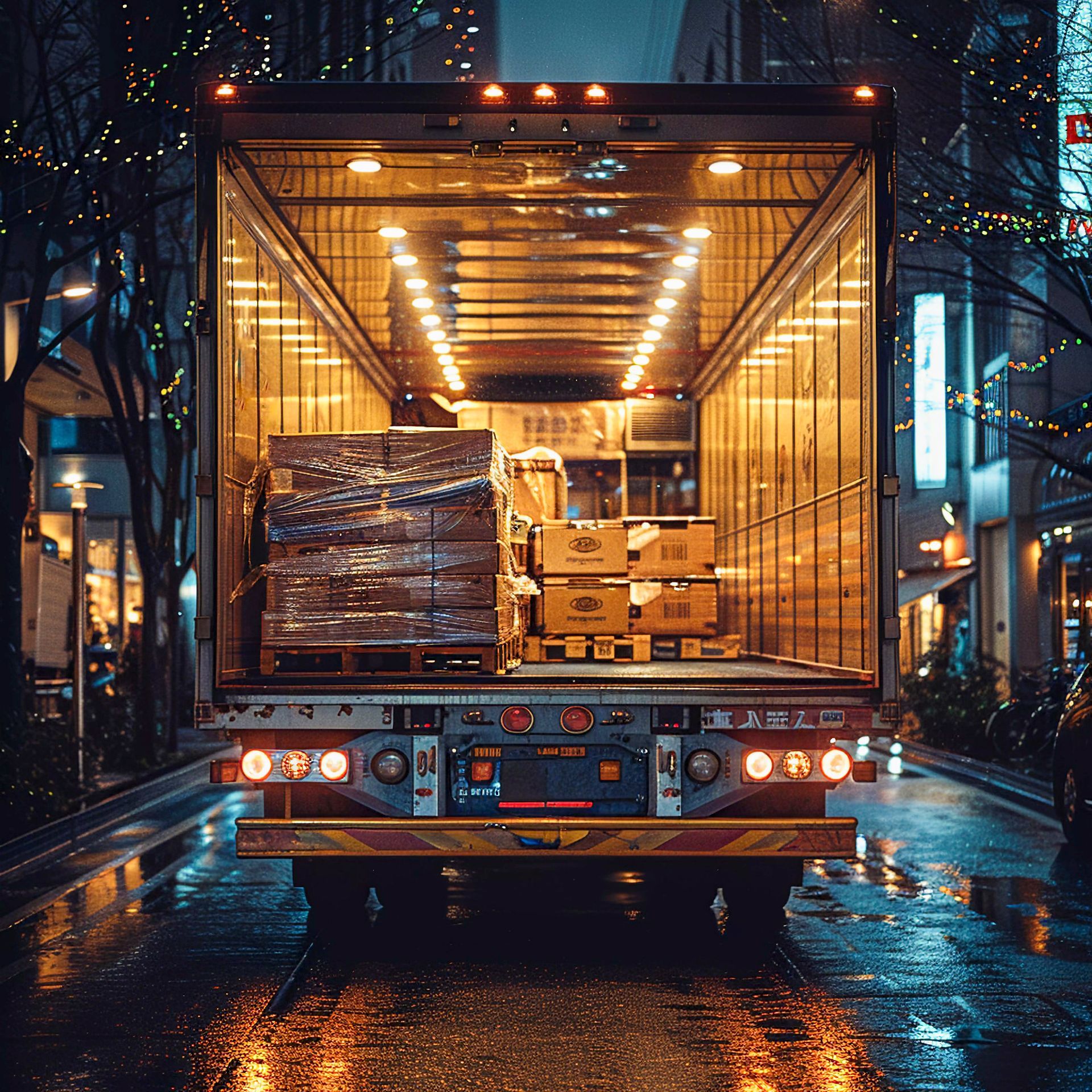 Back of a delivery truck, open, loaded with boxes, parked on a wet street at night, with city lights.