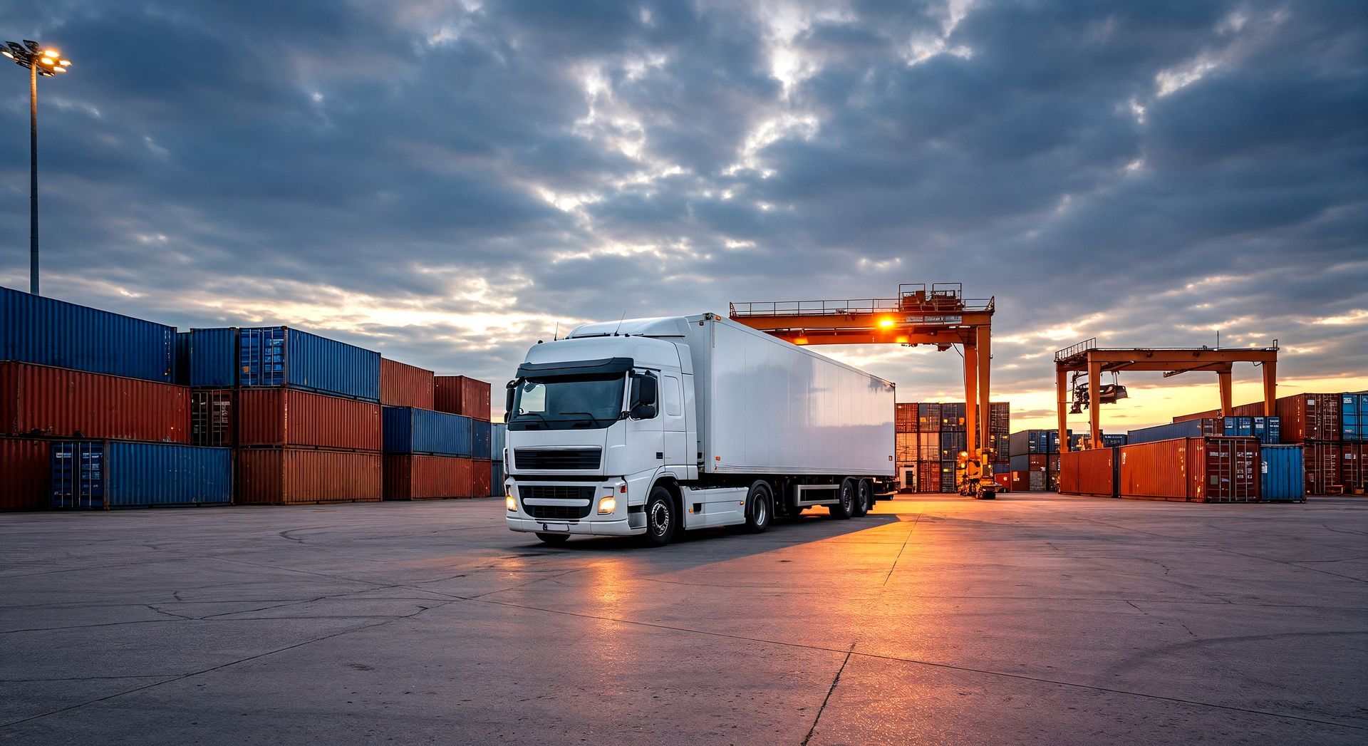White truck at a shipping port with containers, cranes, and cloudy sky at sunset.