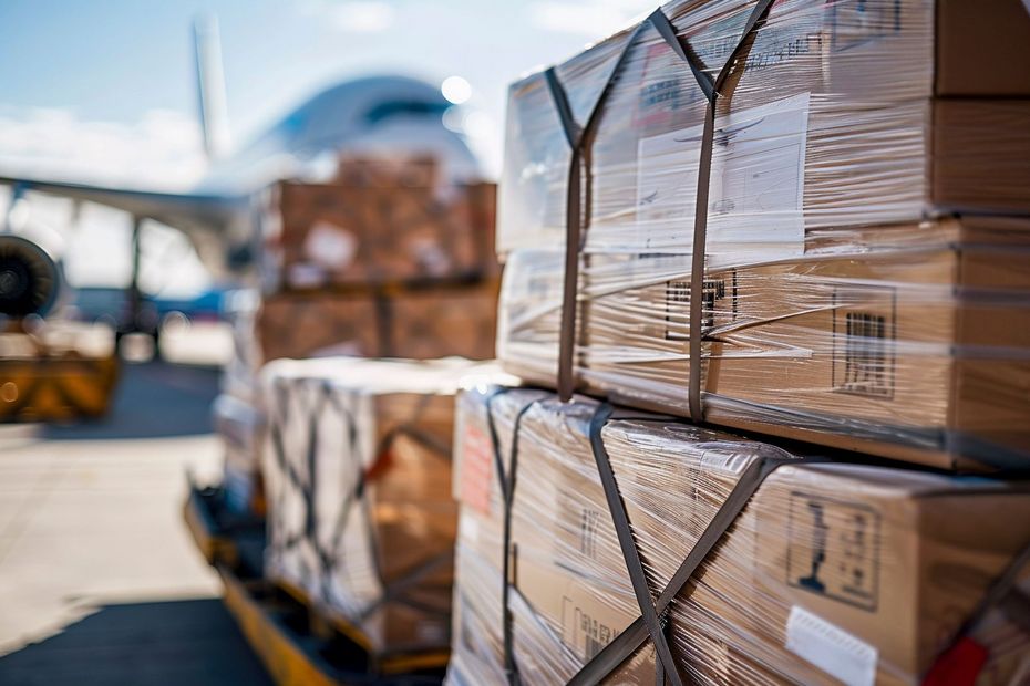 Boxes stacked on pallets, being loaded onto a cargo plane at an airport.