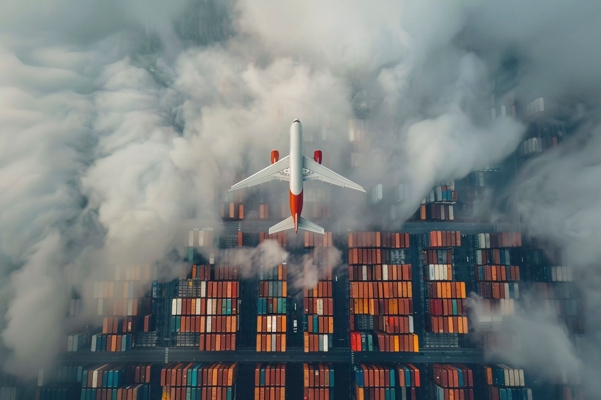 An airplane flies over shipping containers, partially obscured by clouds.
