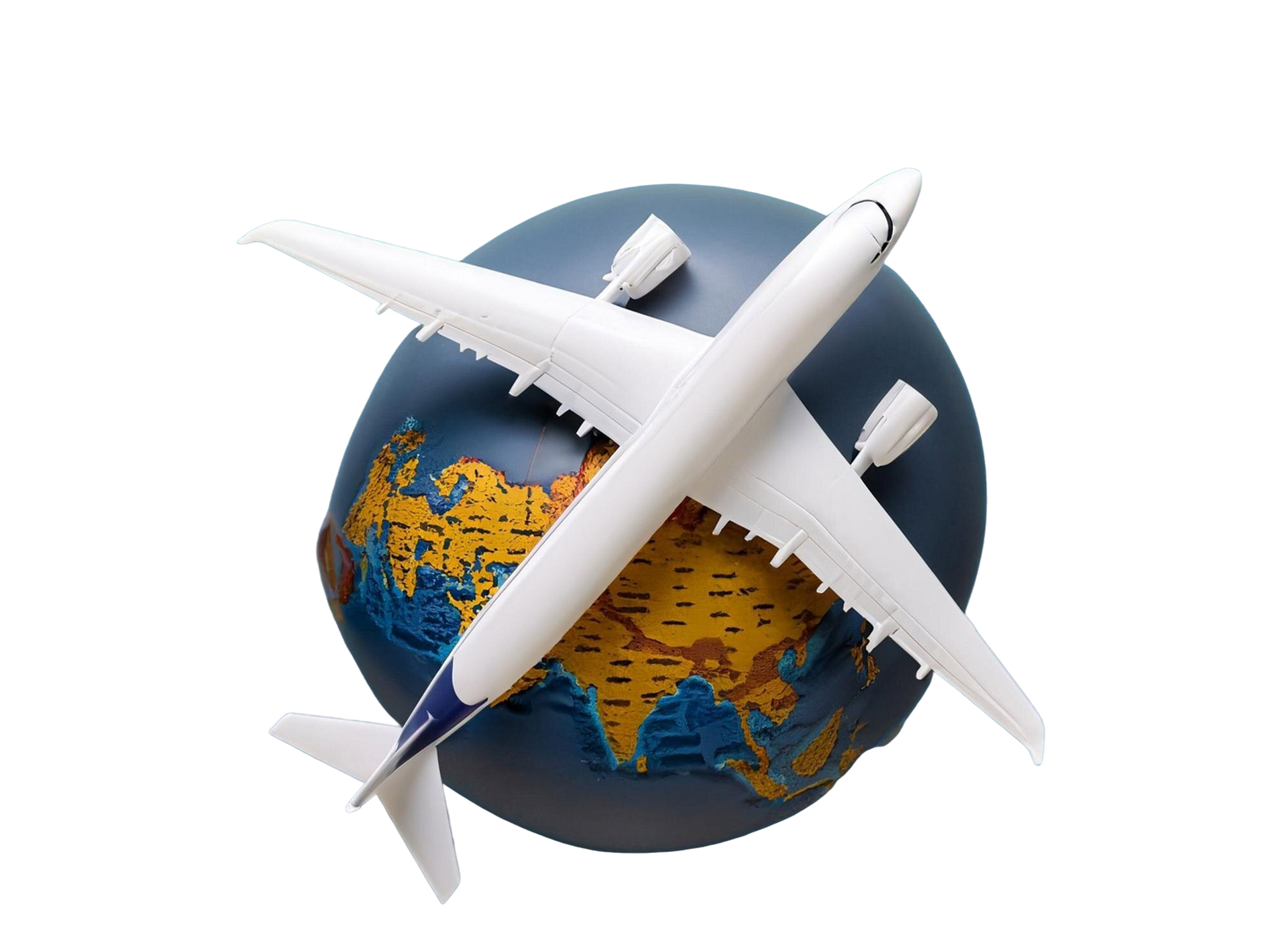 Airplane model crossing a globe, suggesting global travel.