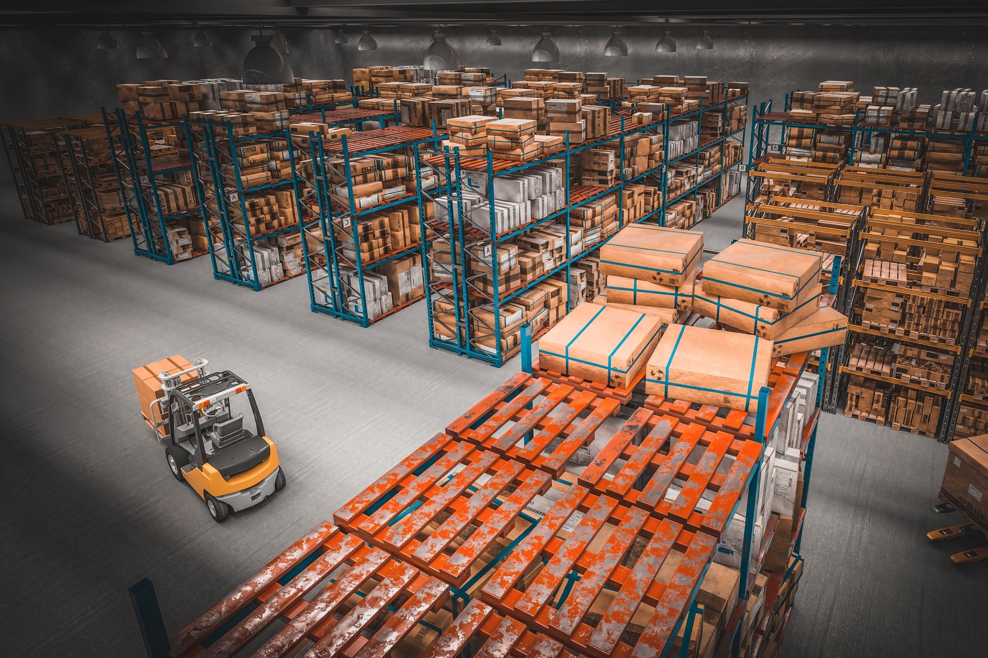 Warehouse with rows of boxes on shelves, forklift moving pallets.