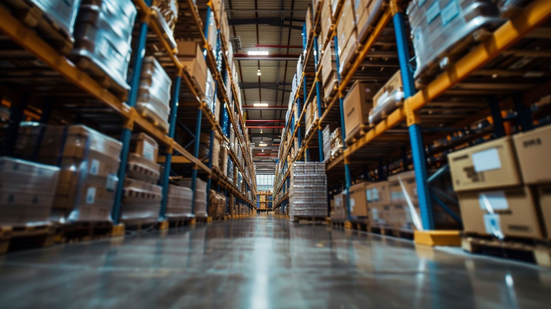 Warehouse interior with tall shelves stacked with boxes and pallets.