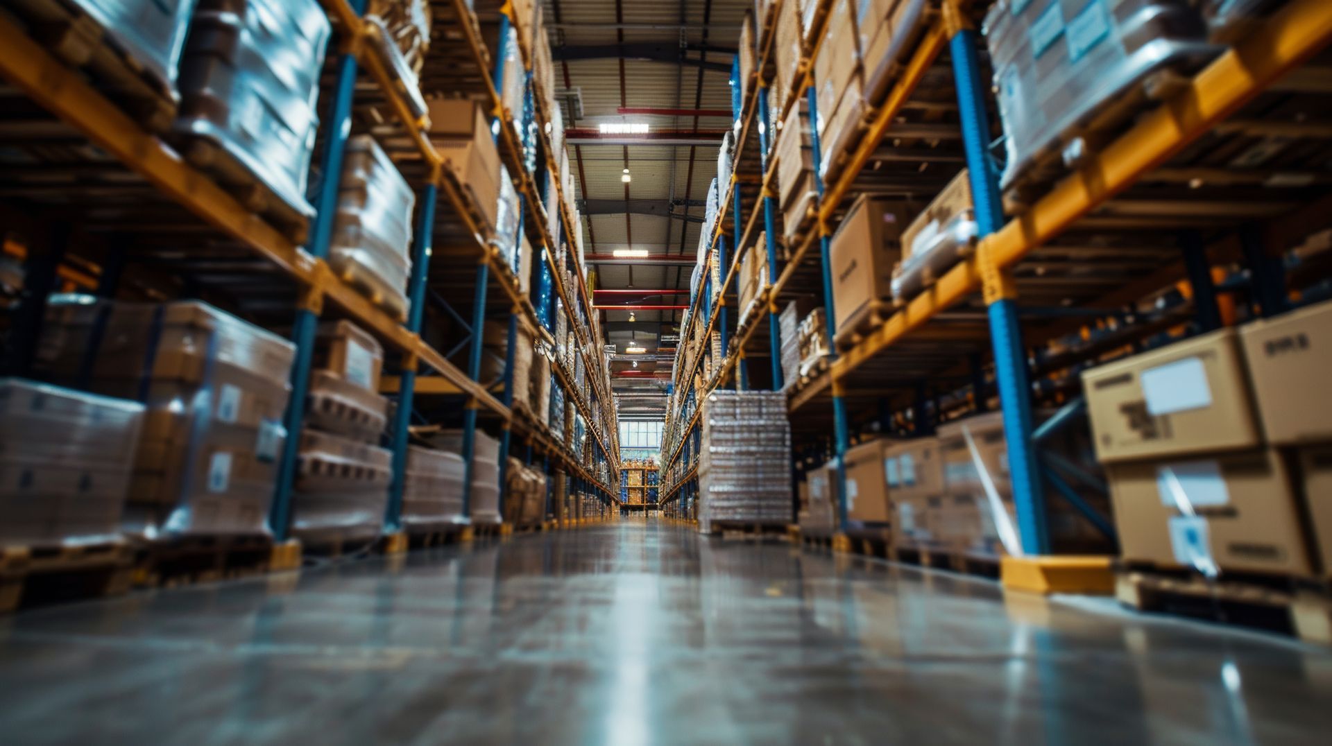 Warehouse interior, rows of shelving stacked with boxes and goods.
