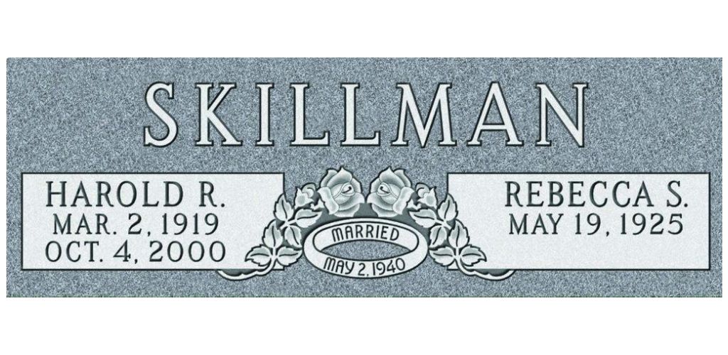 Gravestone with Skillman family names, dates of birth and death, decorated with roses.