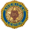 American Legion emblem with blue, gold, and brown colors, featuring text and a star.
