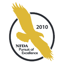 Gold eagle in flight within a black circle, 