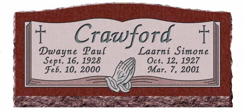 Gravestone of Dwayne Paul Crawford and Laarni Simone Crawford. Includes dates of birth and death, and praying hands.