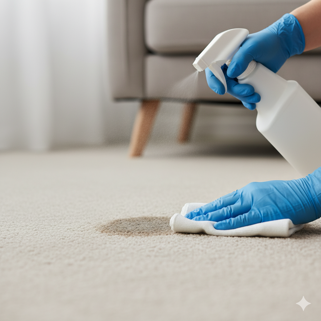 Person in blue gloves cleaning a carpet stain with spray bottle and cloth, near a couch.
