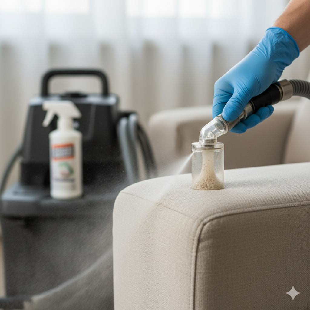 A person wearing a blue glove cleans a light-colored couch with a steam cleaner.