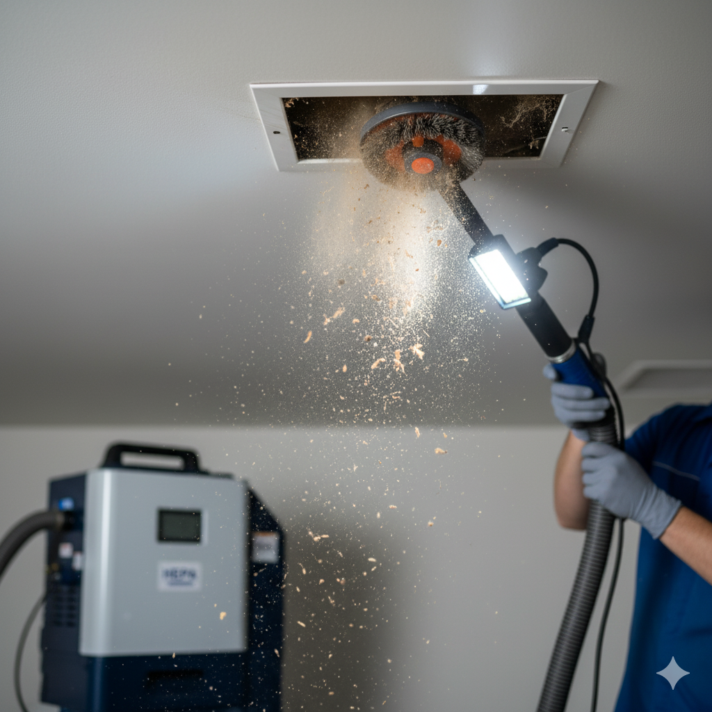 Man cleaning air vent with vacuum, releasing dust. Grey machine, lit.