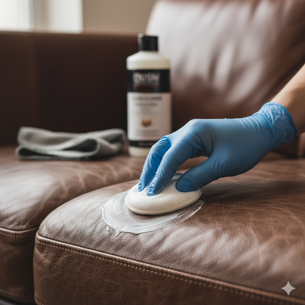 Person wearing a blue glove applying leather cleaner to a brown couch with a white pad.