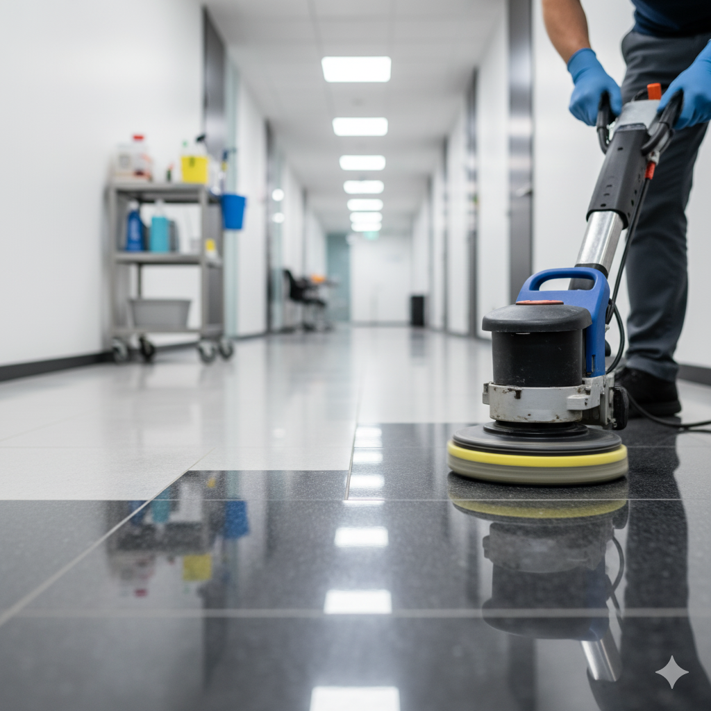 Person in blue gloves using a floor buffer machine to clean a shiny hallway floor. A cleaning cart is visible.