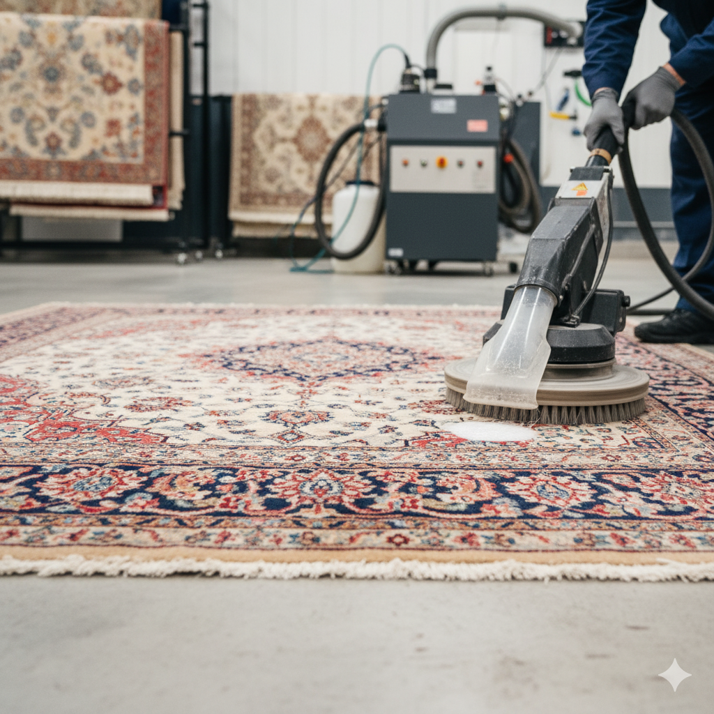 Person cleaning a rug with a machine in a rug cleaning facility.