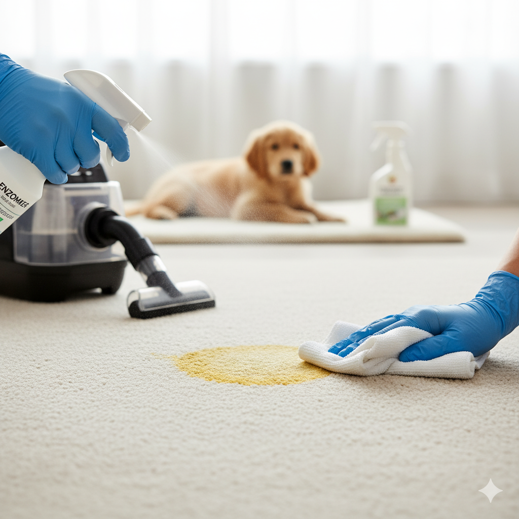 Hands cleaning a carpet stain with a cleaner, sprayer, and vacuum. A dog sits in the background.