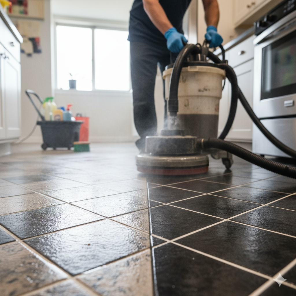 Person cleaning a black tiled kitchen floor with a floor buffer.