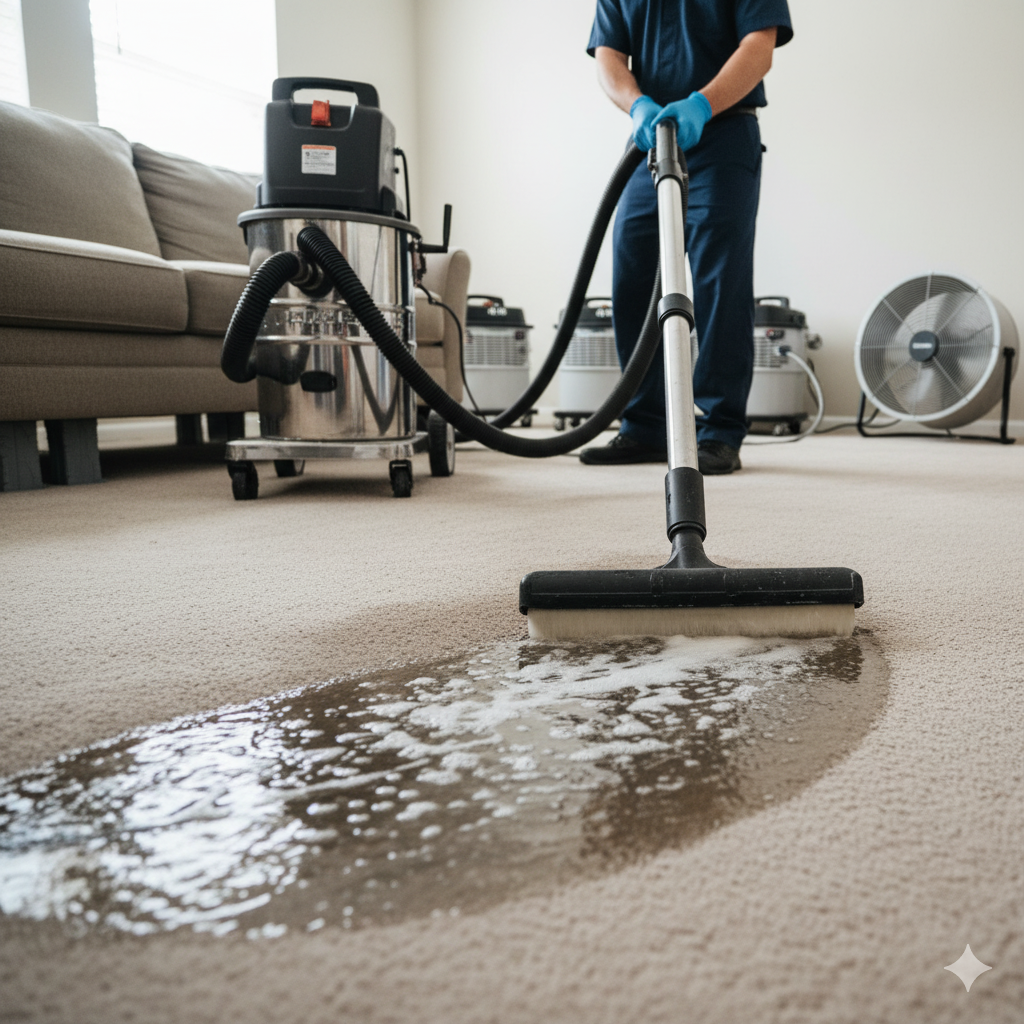 Person in blue uniform cleaning carpet with a machine, creating foamy strip.
