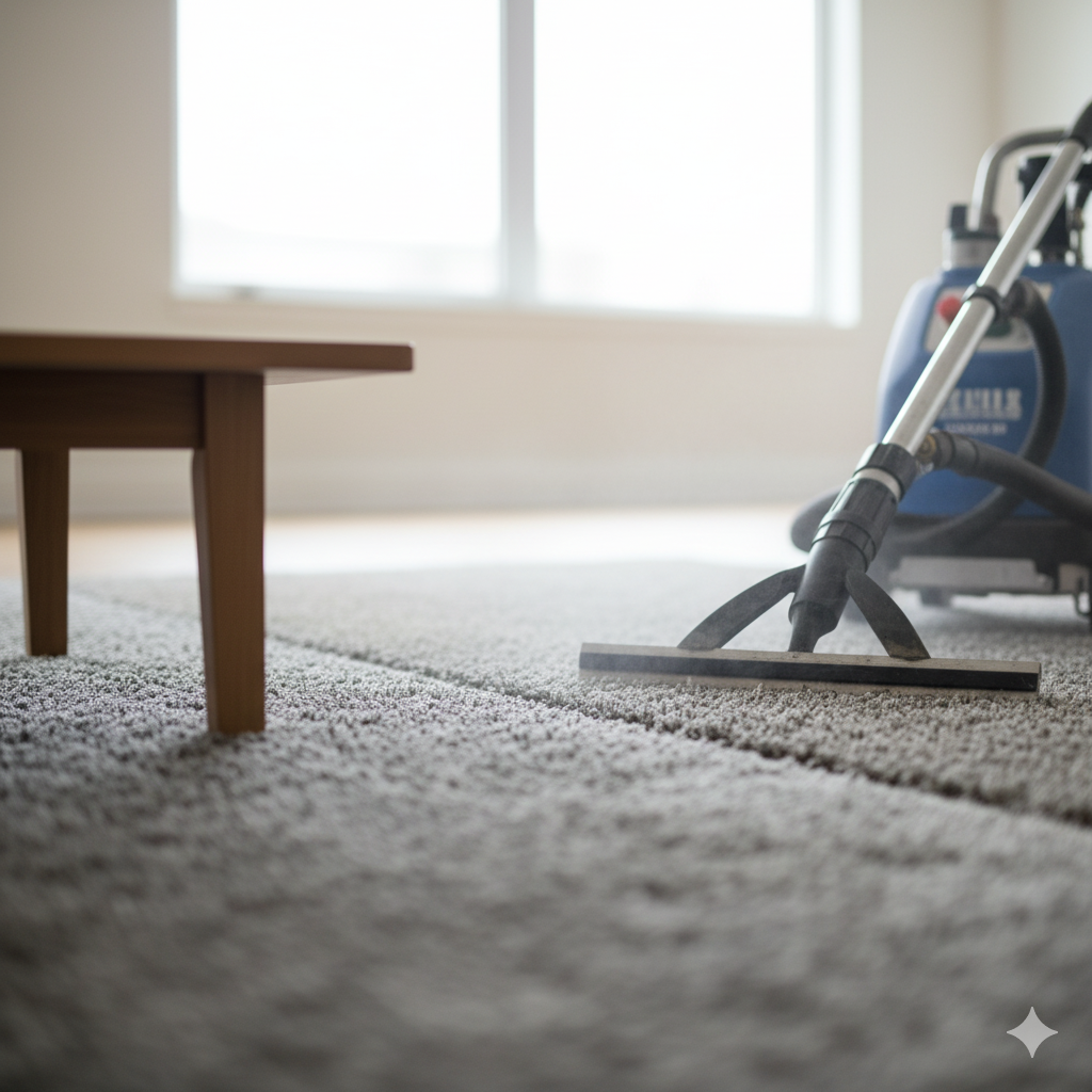 Vacuuming a gray carpet in a room, with a wooden table and window in background.