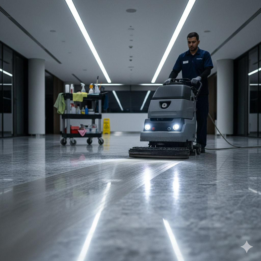 Man in blue uniform operating a floor cleaning machine in a modern hallway with a cleaning cart.