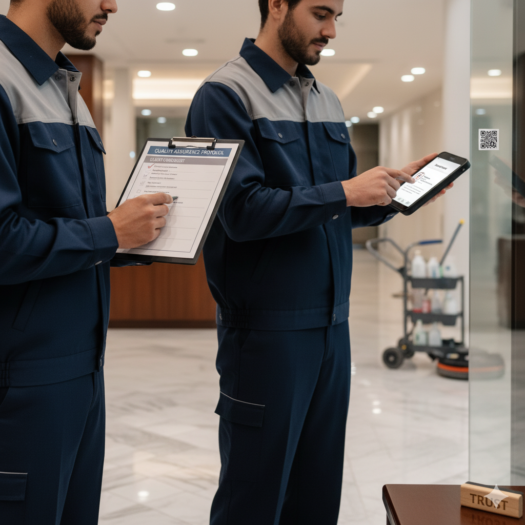 Two men in work uniforms inspecting a building, one with a clipboard, the other with a tablet.