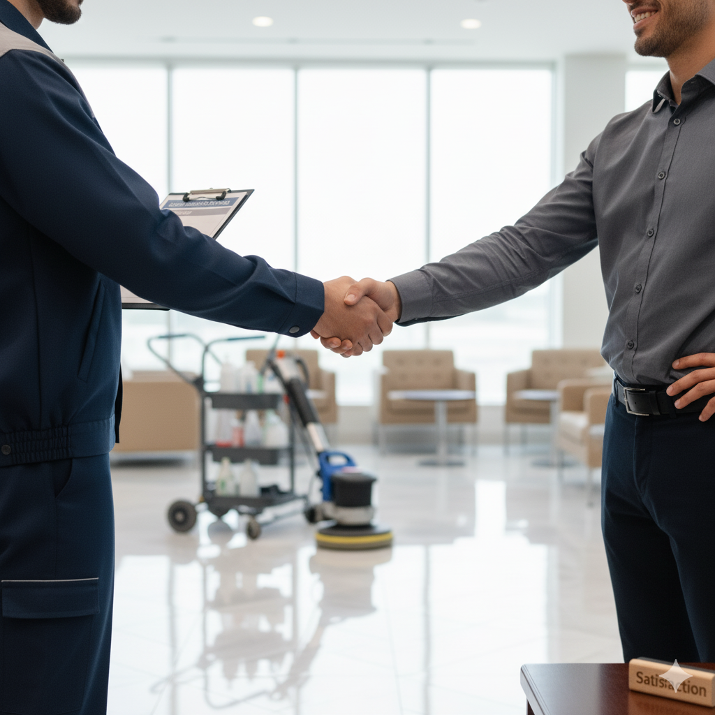 Two men shaking hands in a clean office with cleaning supplies in the background.