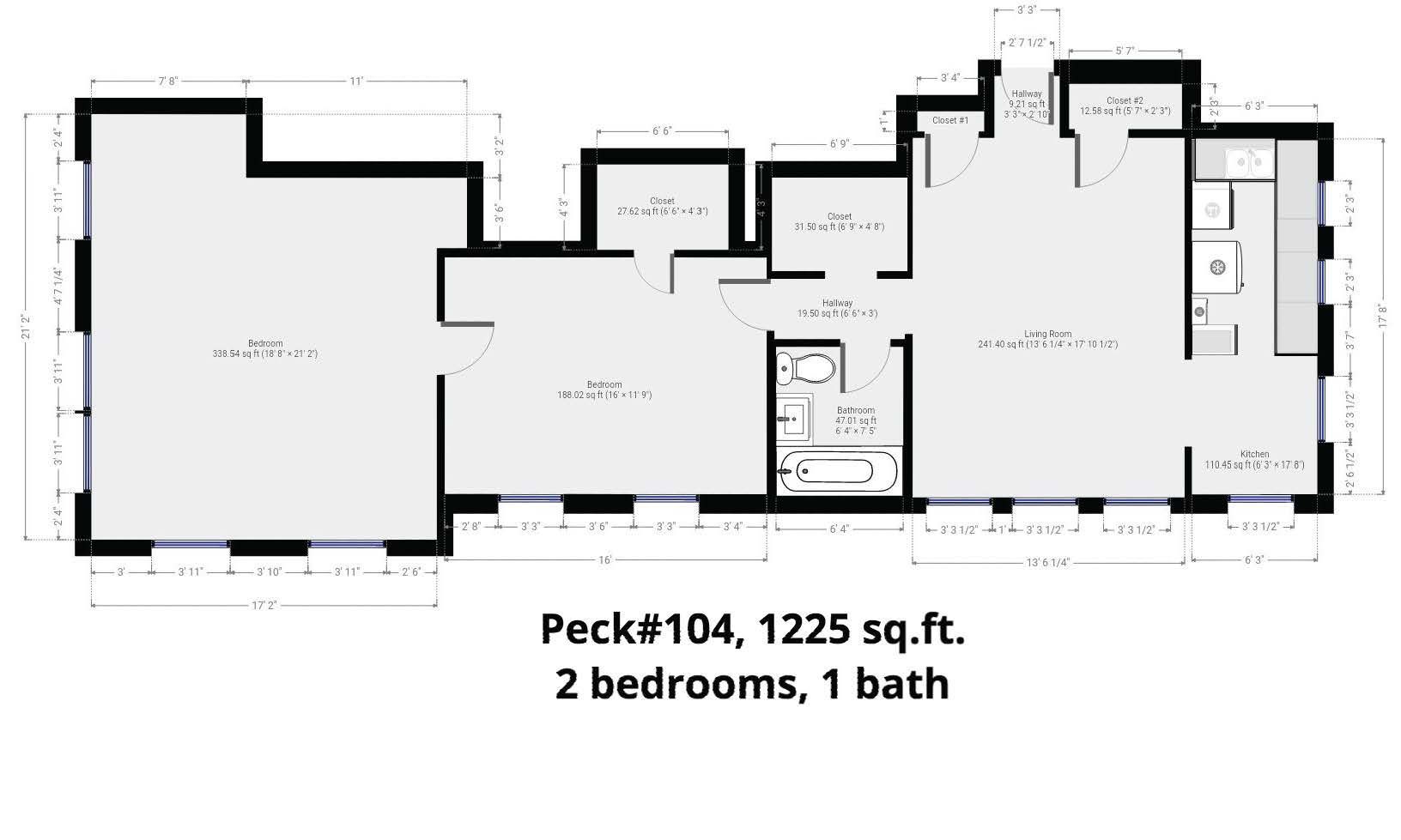A floor plan of a house with two bedrooms and a bath