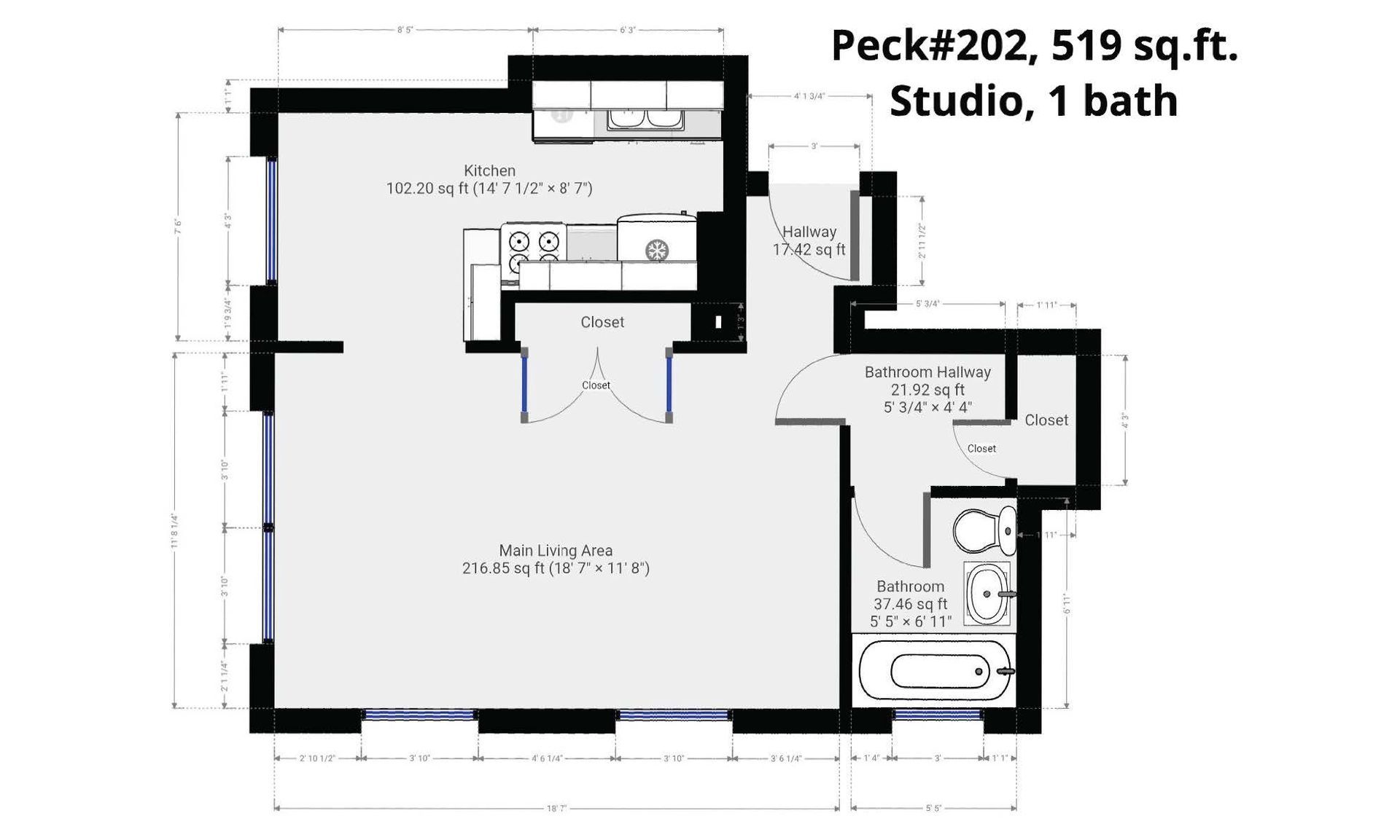 A floor plan of a studio apartment with a bathroom