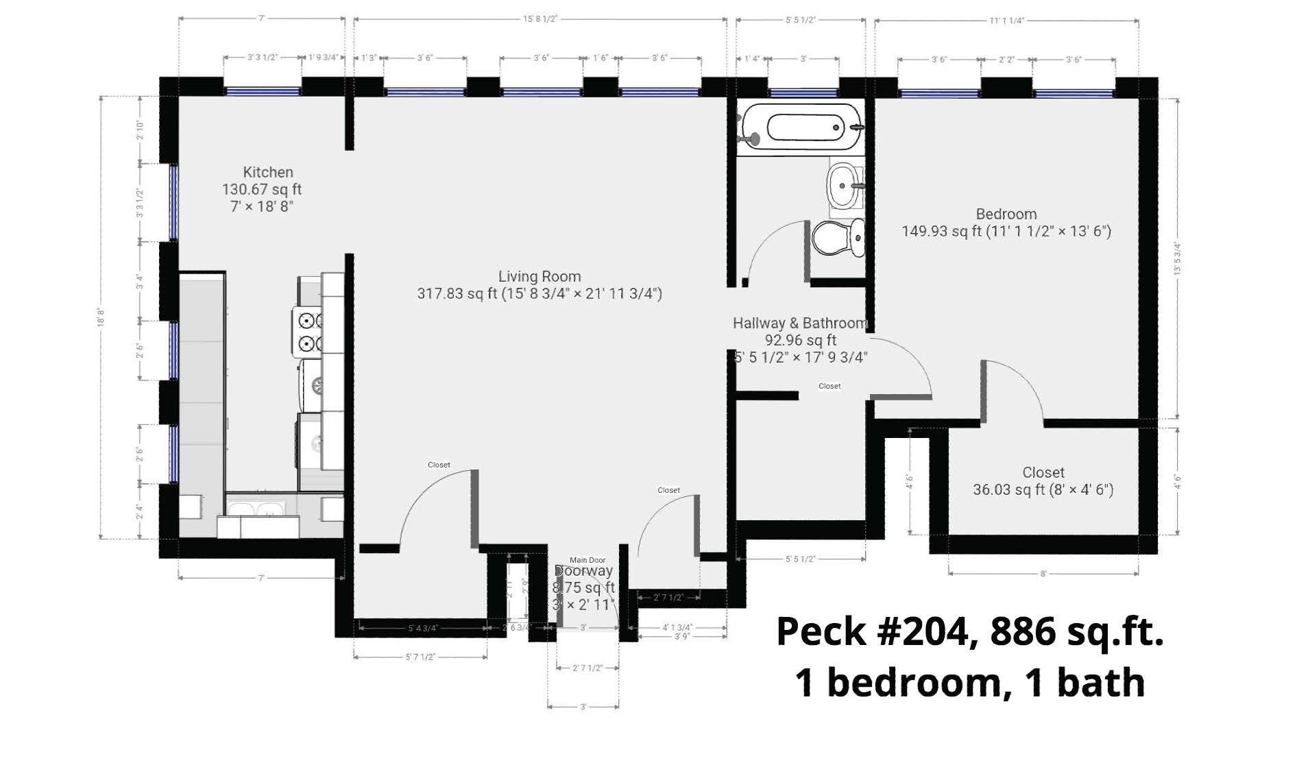 A floor plan of a house with a bedroom and a bathroom