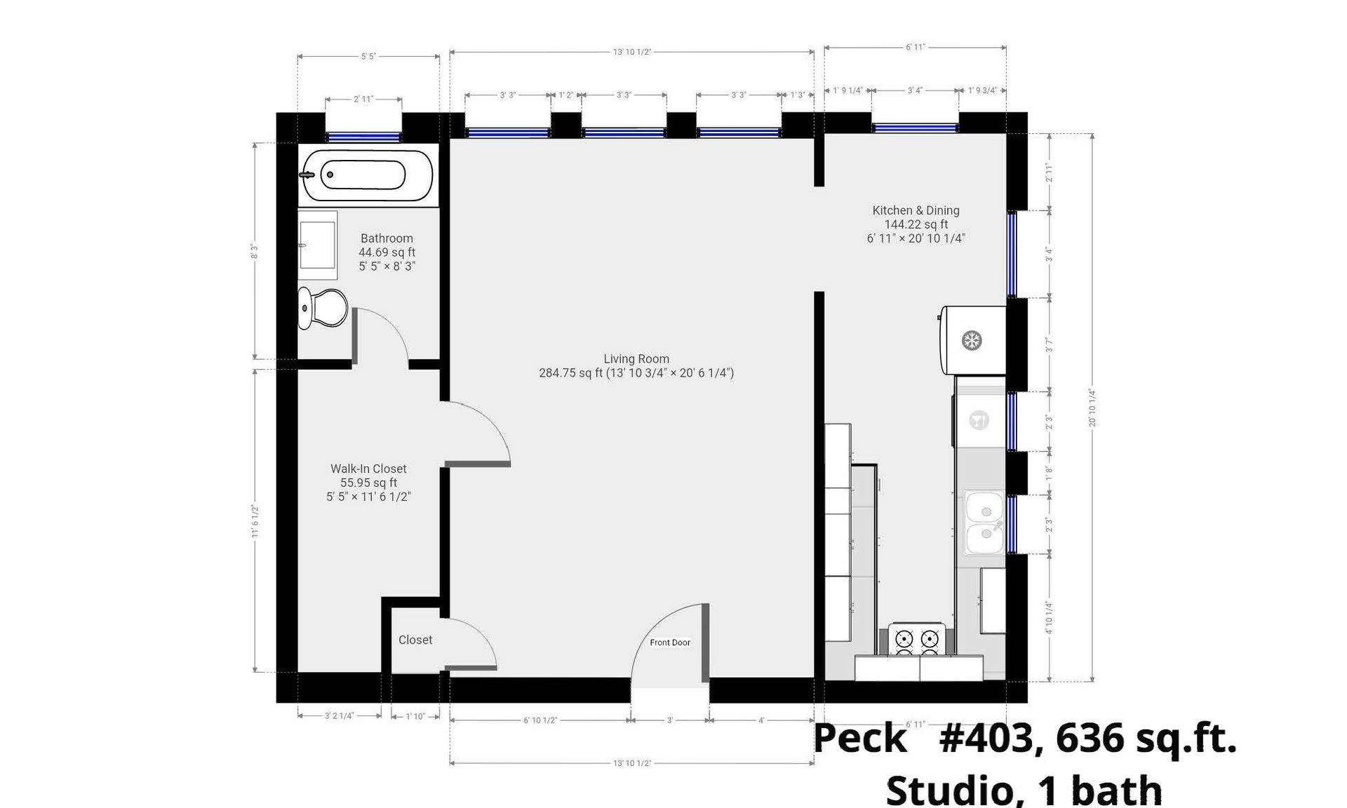 A floor plan of a studio apartment with a bathroom.