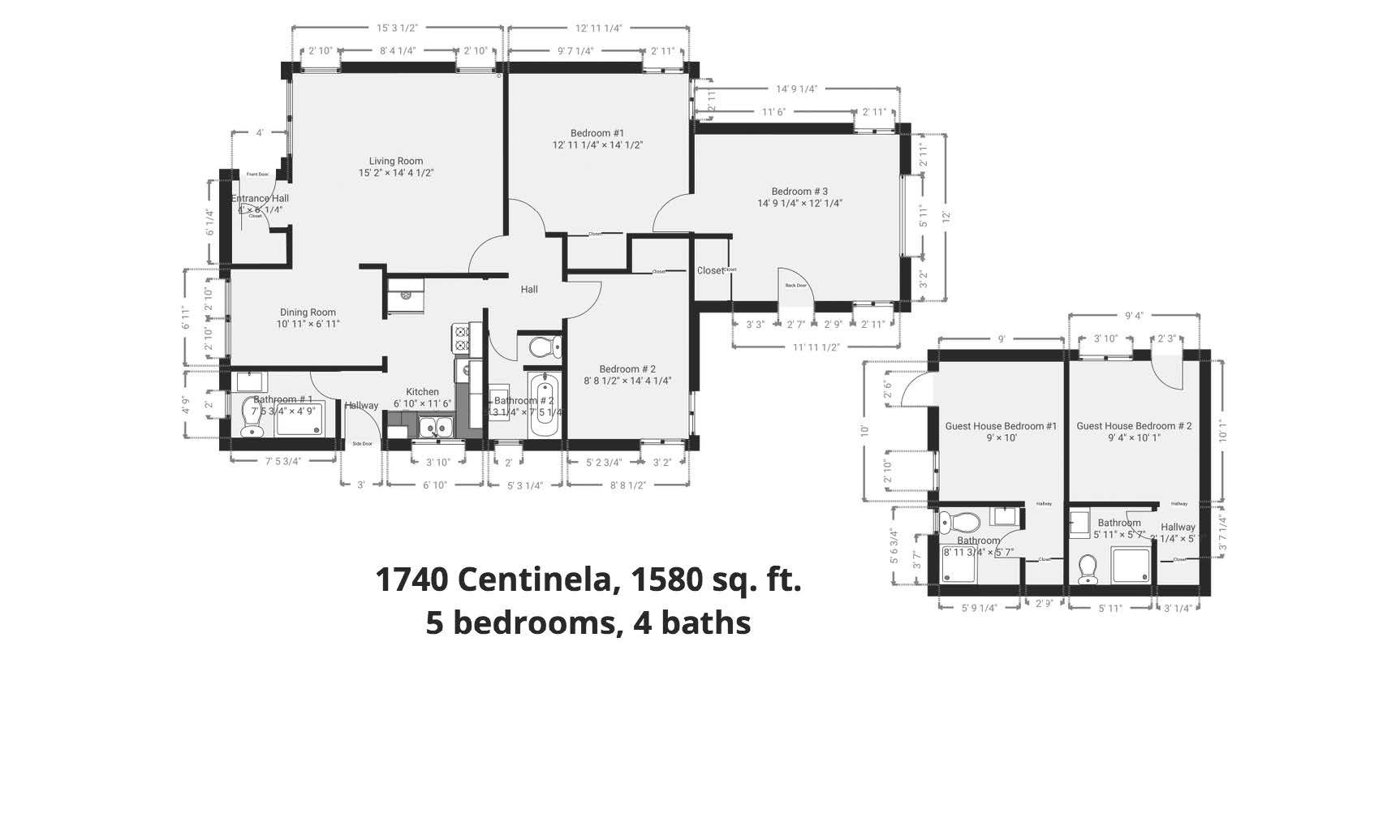 A floor plan of a house with 5 bedrooms and 4 baths